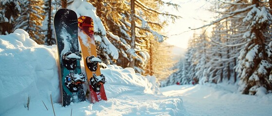 group of snowboards with snow forest backbanner