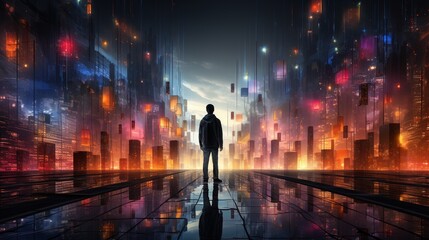 Man standing in a futuristic city