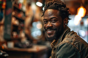Barber shop, hair stylist smile and black man portrait of an entrepreneur with beard trimmer. Salon, professional worker and male person face with happiness from small business and beauty parlor - obrazy, fototapety, plakaty