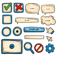 Set of vector web design elements for a website. Icons, objects and symbols hand drawn in sloppy doodle style