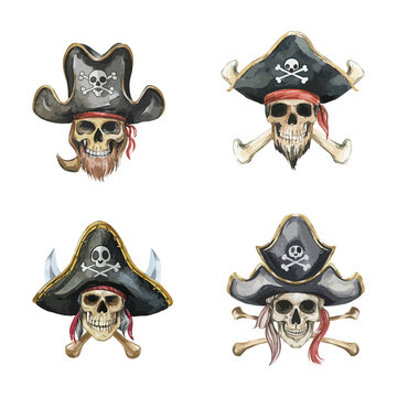 set of watercolor pirate with hat on white background, illustration