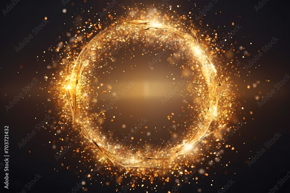 Wall mural gold glitter circle of light shine sparkles and golden spark particles in circle frame on black back