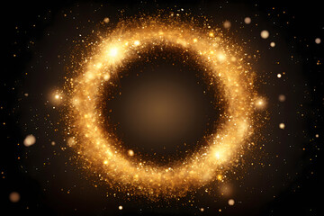 Gold glitter circle of light shine sparkles and golden spark particles in circle frame on black background. Christmas magic stars glow, firework confetti of glittery ring shimmer	