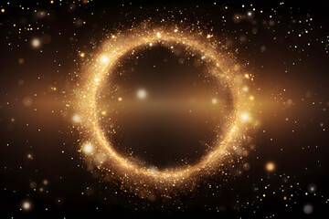 Gold glitter circle of light shine sparkles and golden spark particles in circle frame on black background. Christmas magic stars glow, firework confetti of glittery ring shimmer	