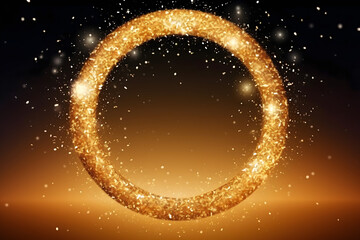 Gold glitter circle of light shine sparkles and golden spark particles in circle frame on black background. Christmas magic stars glow, firework confetti of glittery ring shimmer	