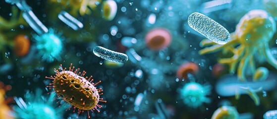 different kinds of microscopic bacteria or microbes floating