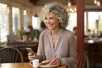 Relaxed Mature Woman in her 60s Shopping Online with Smartphone on Couch at Home - obrazy, fototapety, plakaty