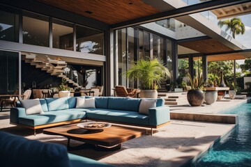 Fototapeta premium Modern living room and patio next to BEAUTIFULL swimming pool