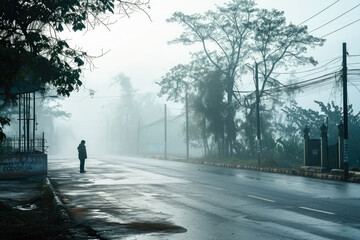 An early morning image of a person walking down a foggy street surrounded by trees and an aura of tranquility.