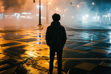 Fototapeta premium A lone individual stands at a misty crosswalk at night, surrounded by the glow of city lights and fog.