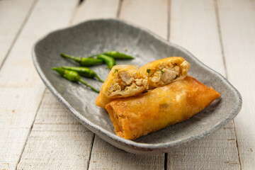 Martabak telor tahu or tofu egg martabak. One of Indonesian traditional street food made from chicken or duck egg and minced beef. Perfect for recipe, article, catalogue, or any cooking contents.