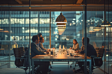 Business professionals engaged in a meeting in a modern office boardroom with glass walls during the evening.