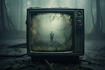 an old television with a scary shadow on the screen. Halloween horror concept