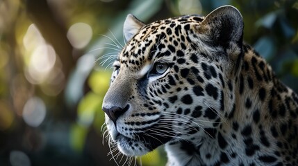 head profile closeup of spotted white silver jaguar