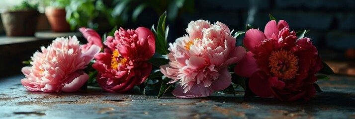 Beautiful Peonies On Gray Table Close, Banner Image For Website, Background, Desktop Wallpaper