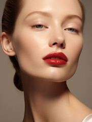 Fototapeta premium Beautiful young woman with blue eyes and red lipstick. Natural beauty close-up of a top model with glowing healthy skin