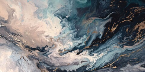 Abstract composition featuring swirling paint in shades of gold, and silver blue, expertly crafted...