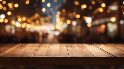 wooden top table with bokeh light effect and blurred background at night - obrazy, fototapety, plakaty