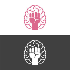 Brain power, willpower, strong mind concept, raised hand fish with brain. Vector icon logo template