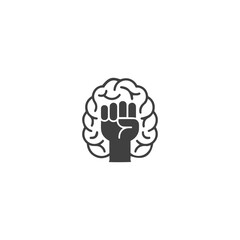 Brain power, willpower, strong mind concept, raised hand fish with brain. Vector icon logo template