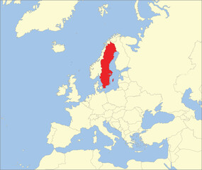 Red CMYK national map of SWEDEN inside detailed beige blank political map of European continent on blue background using Mollweide projection