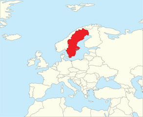 Red CMYK national map of SWEDEN inside simplified beige blank political map of European continent on blue background using Winkel Tripel projection
