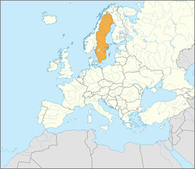 Orange CMYK national map of SWEDEN inside detailed beige blank political map of European continent with rivers and lakes on blue background using Mercator projection