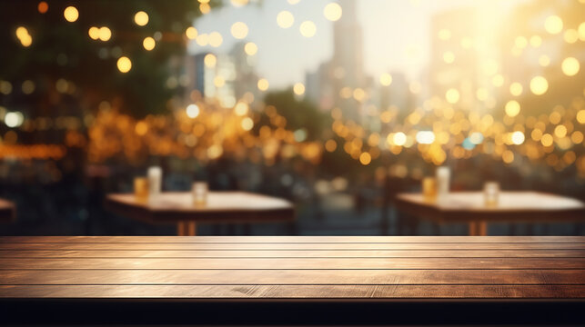Wooden top table with bokeh light effect. 3D Rendering