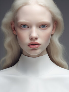 Beautiful young albino woman with blue eyes. Natural beauty close-up of a top model. Advertising of cosmetics, perfumes