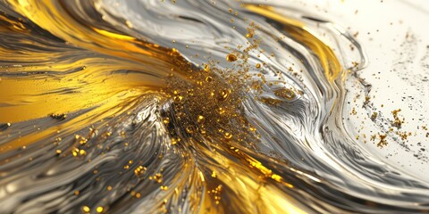 Captivating gold and bright silver abstract background swirling paint.