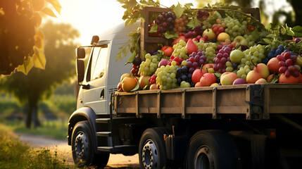 Vintage truck carrying various types of fruits in an orchard with sunset. Concept of food transportation, logistics and cargo.