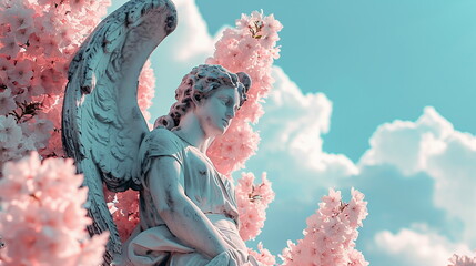 Statue of an angel in front of a flowering tree with pink sakura blossoms against the backdrop of...