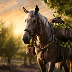 Obraz premium Pack horse carrying apples in an orchard with sunset. Concept of food transportation, logistics and cargo.