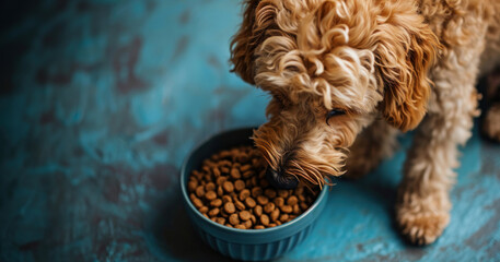 Hungry Pup: A Curly-Coated Dog Enjoys Mealtime - obrazy, fototapety, plakaty