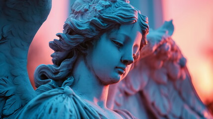 Close up of a female angel sculpture face. White marble statue of an angel in light blue and pink tones. For banner, backdrop, wallpaper, card, postcard - obrazy, fototapety, plakaty