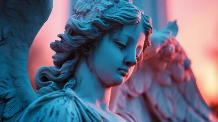 Foto op Canvas Close up of a female angel sculpture face. White marble statue of an angel in light blue and pink tones. For banner, backdrop, wallpaper, card, postcard © Milan
