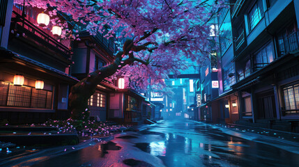 A traditional Japanese street, illuminated by the soft glow of lanterns and neon signs, is graced...