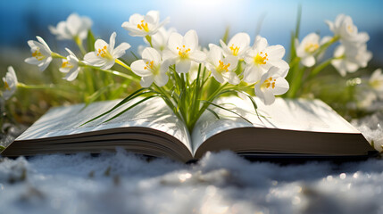 Opened book with growing spring flowers on a meadow with grass growing through the melting snow. Concept of spring coming and winter leaving, education, knowledge and learning. - obrazy, fototapety, plakaty