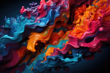 Large colorful splash of multicolored paint that scatters in different directions. Rainbow colored liquid explosion. Colored powder explosion on black background. Freeze motion.