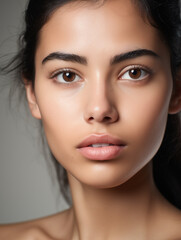 Fototapeta premium Beautiful young Mexican woman with long hair. Natural beauty close-up of a top model with glowing healthy skin. Advertising of cosmetics, perfumes