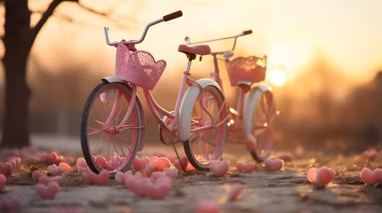 Papier Peint photo Vélo Standing bike with red and pink Valentine hearts all around and sunset in the background.