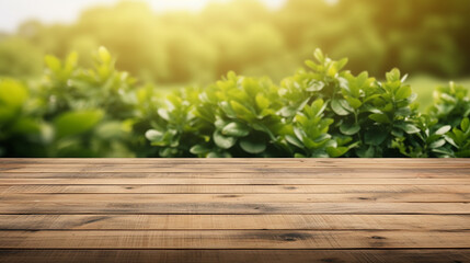 Empty wood table top and blurred green tree and vegetables outdoor scene