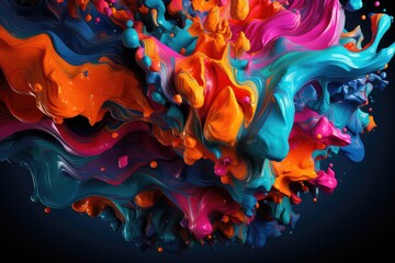 Large colorful splash of multicolored paint that scatters in different directions. Rainbow colored liquid explosion. Colored powder explosion on black background. Freeze motion.