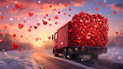 Foto auf Acrylglas Antireflex Red and pink decorated truck in motion carrying Valentine's pink and red hearts in a winter countryside with snow cover in sunset backlight. © linda_vostrovska