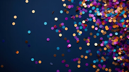 A close up of a bunch of confetti dots on a dark blue background,  depicts a vibrant and festive image , for party invitations, celebration announcements, and event promotions.