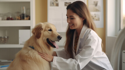 Female Veterinarian Petting a Golden Retriever Dog. Pet Check Up Visit in Modern Veterinary Clinic with Happy Caring Doctor