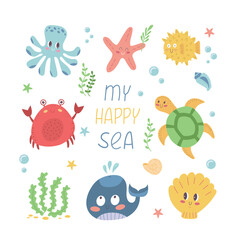 Set with sea life elements and quote My Happy Sea. Marine animals big collection in flat style on white background. Vector graphic design illustration