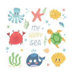 Crédence de cuisine en verre imprimé Vie marine Set with sea life elements and quote My Happy Sea. Marine animals big collection in flat style on white background. Vector graphic design illustration