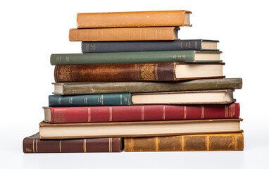 Stack of many old hardcover books isolated on white, AI Generative.