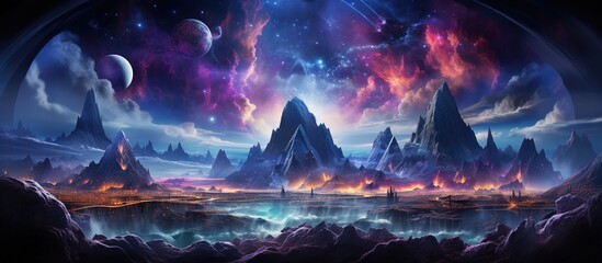 Fantasy landscape with mountains and a starry sky